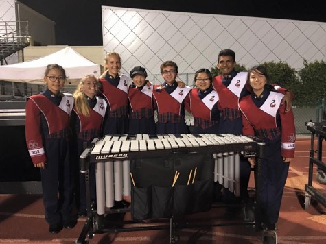 The Front Ensemble at the competition. In order from left to right: Jiwon Han, Carly Koch, Alyssa Kaatmann, Laura Wang, John Lonergan, Winnie Xu, Akshit Annadi, Payton Chow. Photo credits to Laura Wang. 