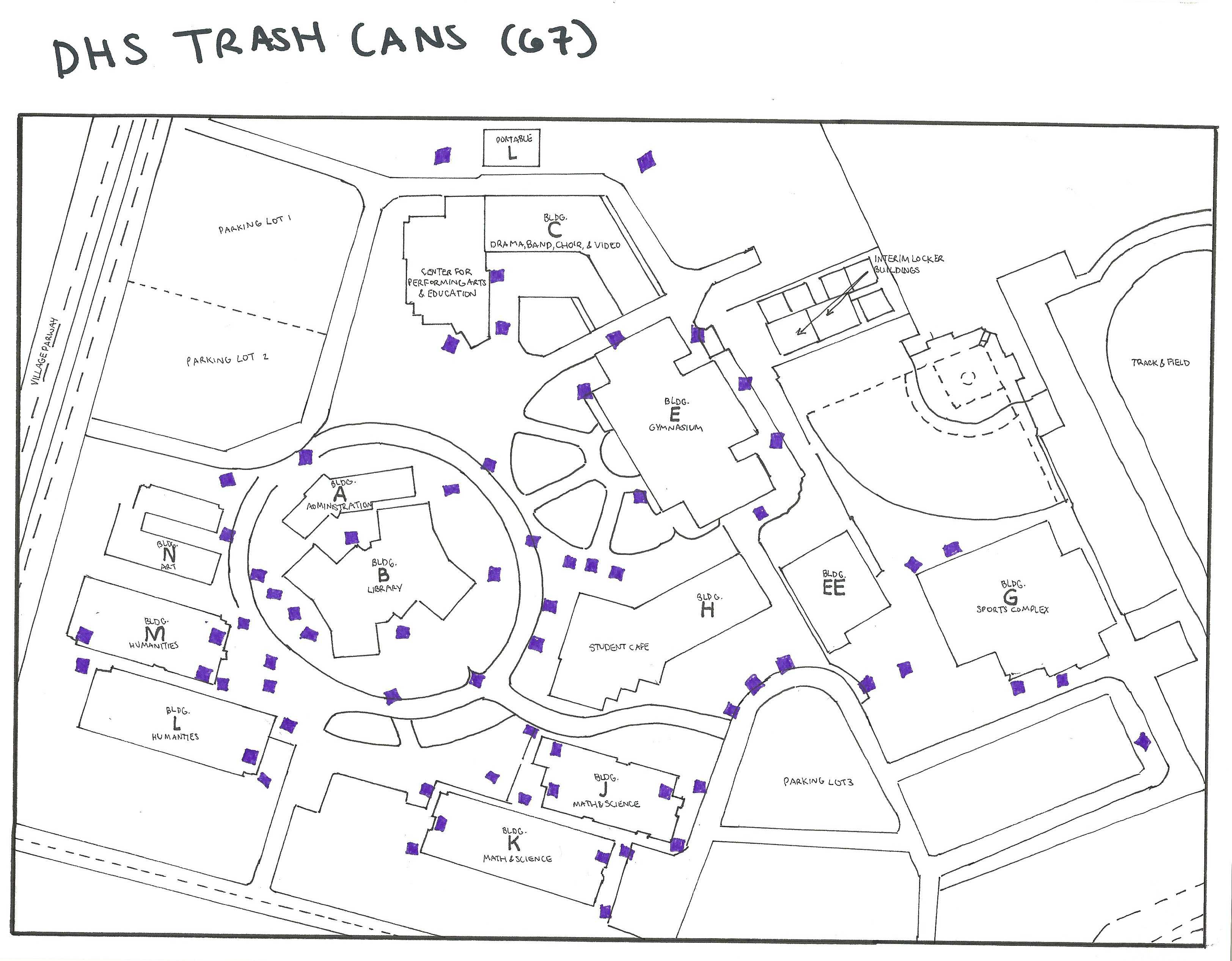 Above is a map of all the trash cans at DHS. Before you throw away part of your lunch, check and see how much food is already thrown away.