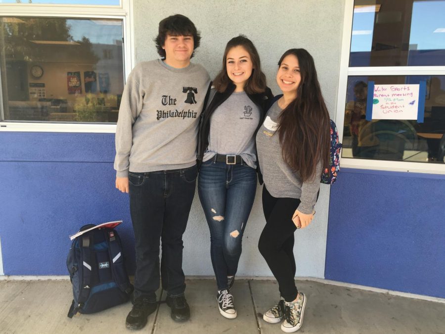 Seniors Noah Bradley, Nicki Butler, and Simonne Campos, who are all a few of the wonderful student-directors for this year, pose for a photo. 