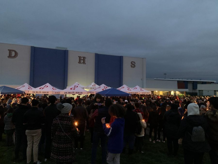 Hundreds of Dublin residents gather at a candlelight vigil in the DHS quad to mourn the loss of these beloved students and provide support to the families. 