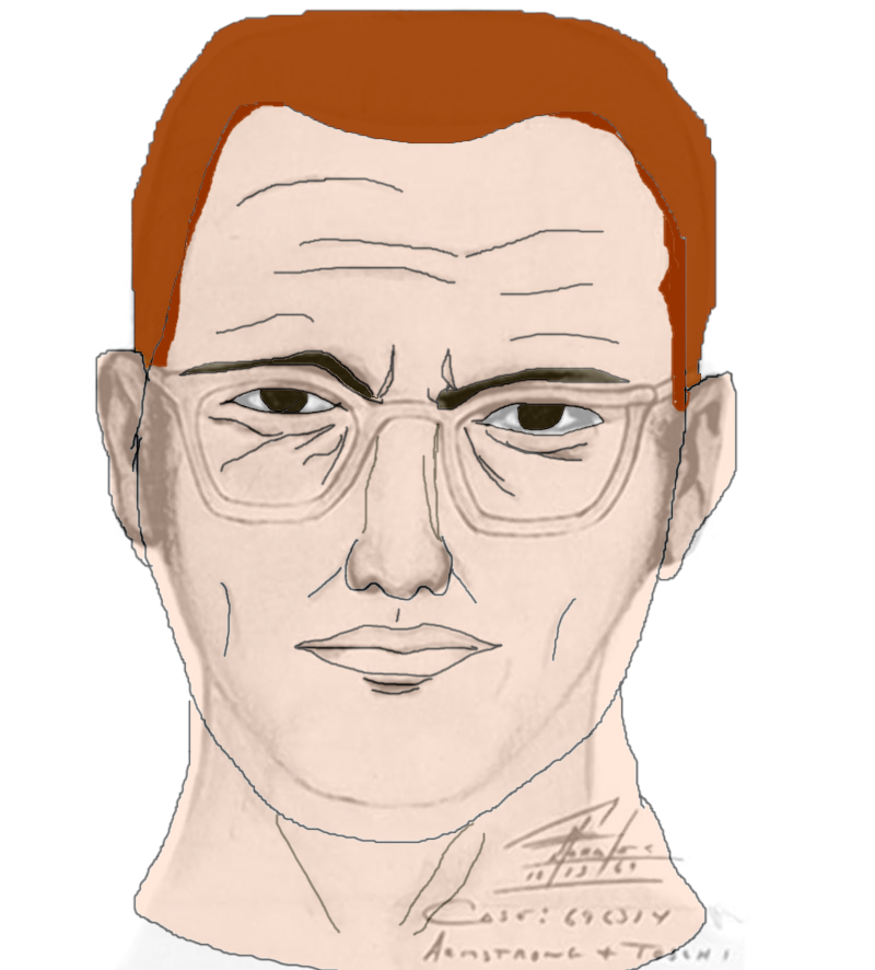 A colorized version of an infamous sketch of the Zodiac killer