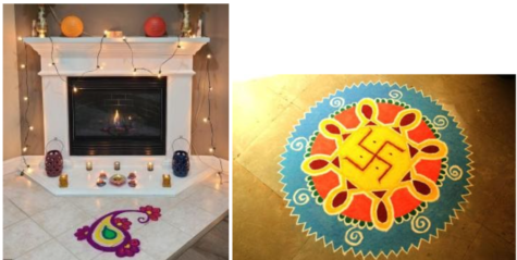 Examples of Rangoli patterns and diyas used as decorations during Diwali