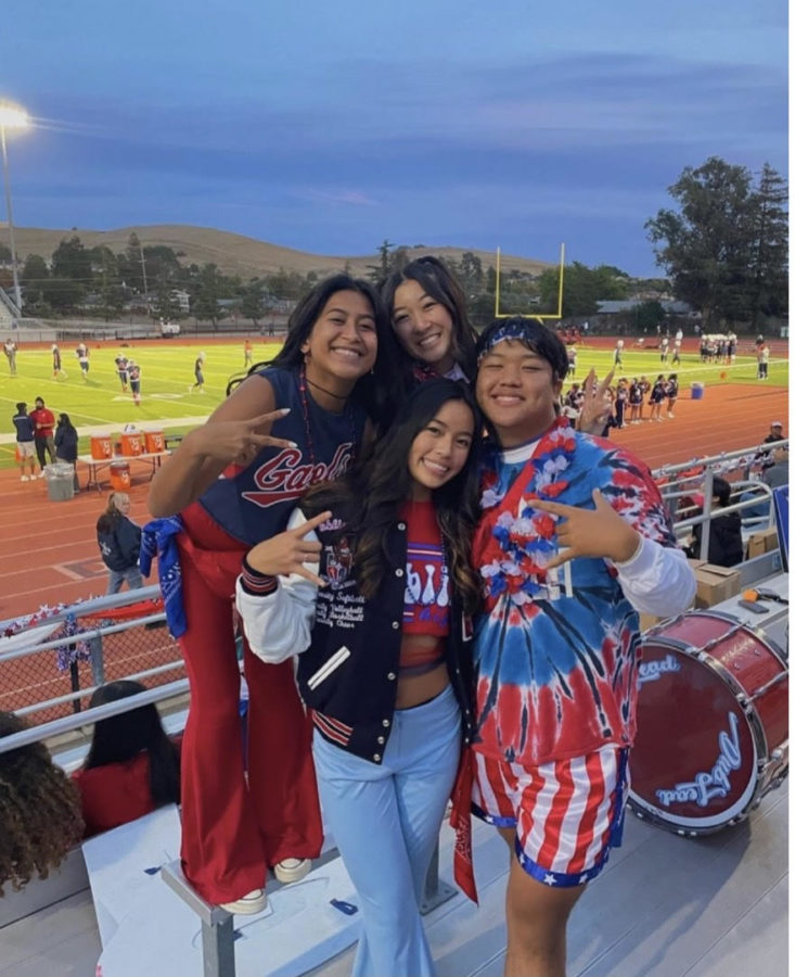 Dublin High School Gael Force Commissioners Sarah Thach, Hailey Guinto,, Richard Chung, and Lauren Dang at the DHS Homecoming game against Foothill High School. Photo courtesy of @gaelforce22 on Instagram.