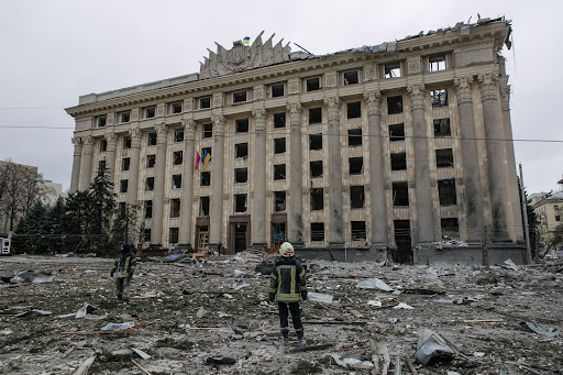 March 1, 2022: The ruined city center of Kharkiv, Ukraine. Photo courtesy of PavelDorogoy, via DepositPhotos.