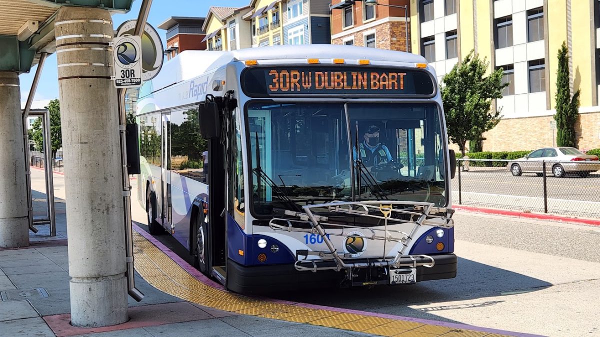 1: Laying over at the Dublin Transit Center, a 30R (East Avenue) bus awaits commuters from the next inbound BART train. Under the three scenarios presented by Wheels In Motion, buses could arrive as often as 10 or 20 minutes, depending on which scenario.
