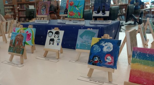 A few of the mini paintings submitted by local teenagers and adults on display at the Dublin Librarys Tiny Art Show.
