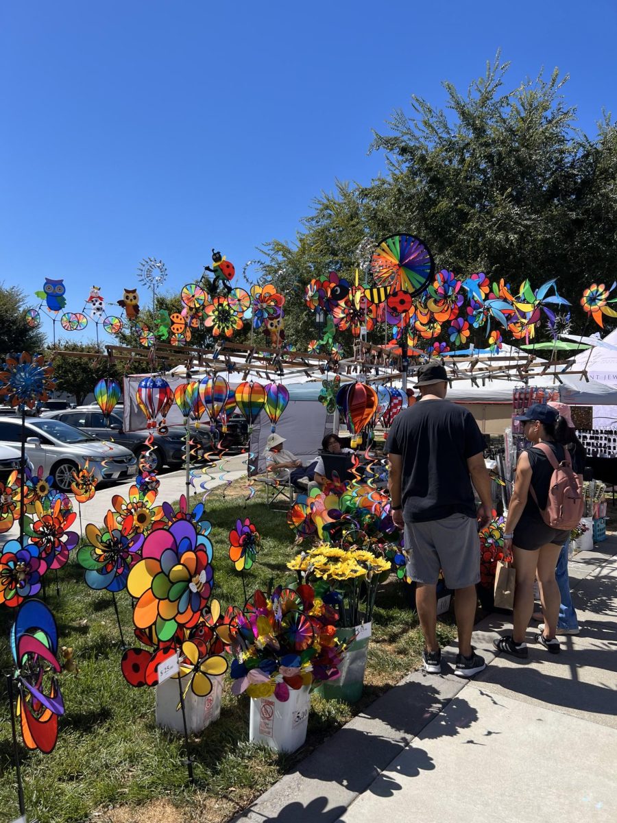 Brightly-colored flower pinwheels blow in the early afternoon wind at the start of Splatter, drawing in prospective customers.